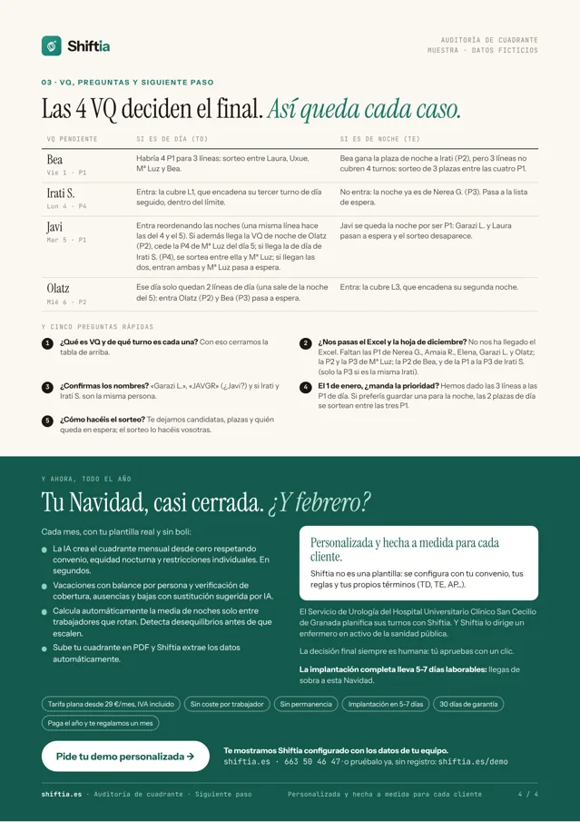 Página 4 de la muestra: decisiones pendientes y siguiente paso